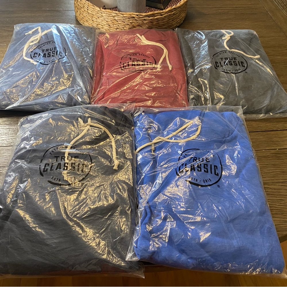 5 True Classic Hoodies (Red, Blue, Black, & (2) Navy